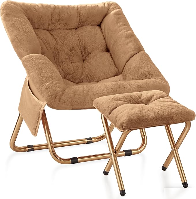 Comfy Saucer Chair Foldable Living Room Chairs Soft Faux Fur Lounge Chair for Bedroom Reading Chairs for Adults Teens X-Large (Brown)