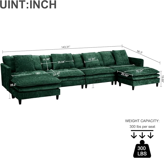 143.3 Cloud Sectional Couches for Living RoomConvertible U-Shape Couch with Ottoman3 Seater Modular Sectional Sofa with Pillows (Green 4 Seater + 2 Ottoman)