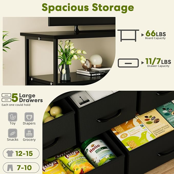 Simple Deluxe TV Stand Dresser for Bedroom Entertainment Center with 5 Fabric Drawers Storage Organizers Units for Living Room Media Console Table with Open Shelf up for 45 TV Black Wood top
