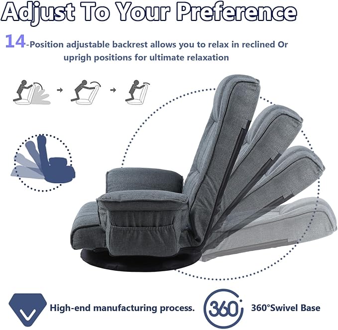 360 Degree Swivel Floor Chairs for Adults Gaming Floor Chair with Back Support 14 Angles Adjustable Comfortable Floor Lounge Chair Folding Video Game Chairs Office Bedroom 201 (Dark Grey)