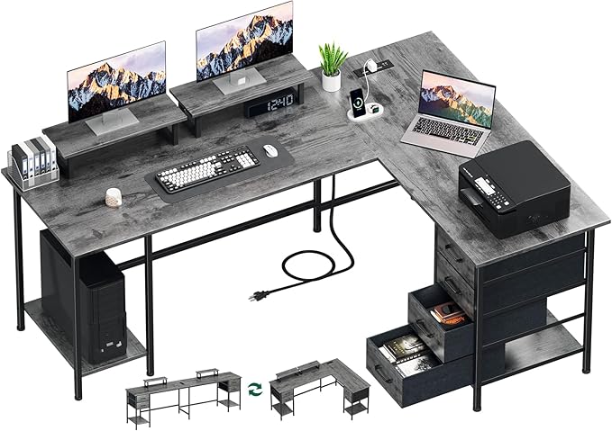 66 L Shaped Computer Desk 94.4'' Home Office Desk with Power Outlets 4 Adjustable Storage Drawers &amp 2 Monitor Stands Large Two Person Gaming Table for Writing Study Grey