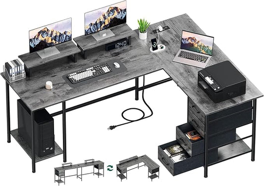 66 L Shaped Computer Desk 94.4'' Home Office Desk with Power Outlets 4 Adjustable Storage Drawers &amp 2 Monitor Stands Large Two Person Gaming Table for Writing Study Grey
