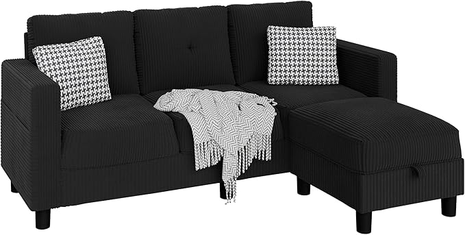 JAMFLY Convertible Sectional Couches for Living Room L-Shaped Couch 3 Seat Sectional Sofa Set with Corduroy Fabric and Movable Ottoman Small Couch for Apartments Office(Black)
