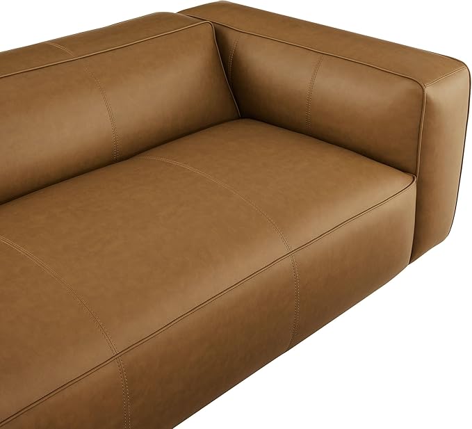 Modway Auren Vegan Leather Sofa in Camel - Faux Leather 3 Seater Couch - 88 Inch Comfy Modern PU Leather Sofa - Oversized Mid Century Modern Couch for Living Room Apartment Loft
