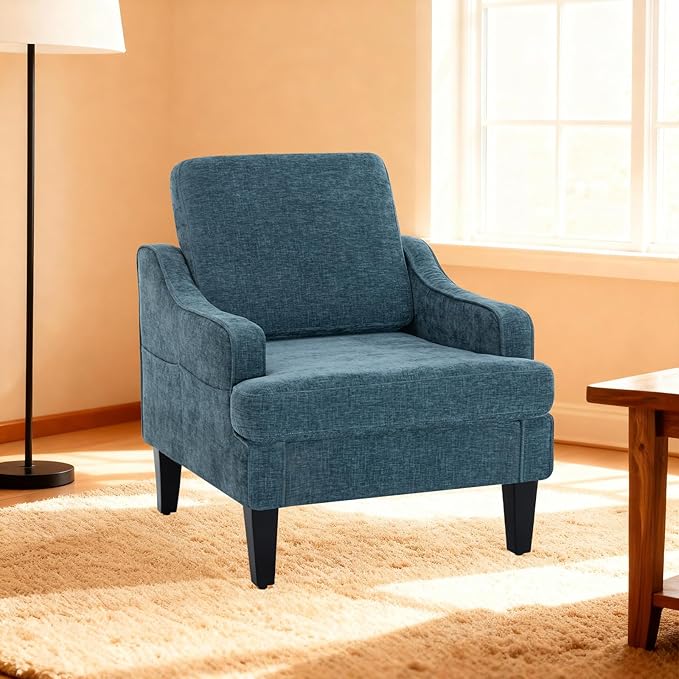 Accent Chair for Living Room Upholstered Living Room Chair with Side Pockets Comfy Accent Chairs for Bedroom Mid Century Modern Armchair for Office Apartment Waiting Room Club (Blue)