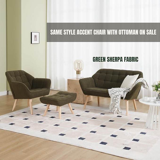 Small Loveseat Sofa 48 inch Sherpa Love Seat for Living Room Comfy Mini Couch with Wood Legs for Small Spaces Bedroom Apartment Office Dark Green