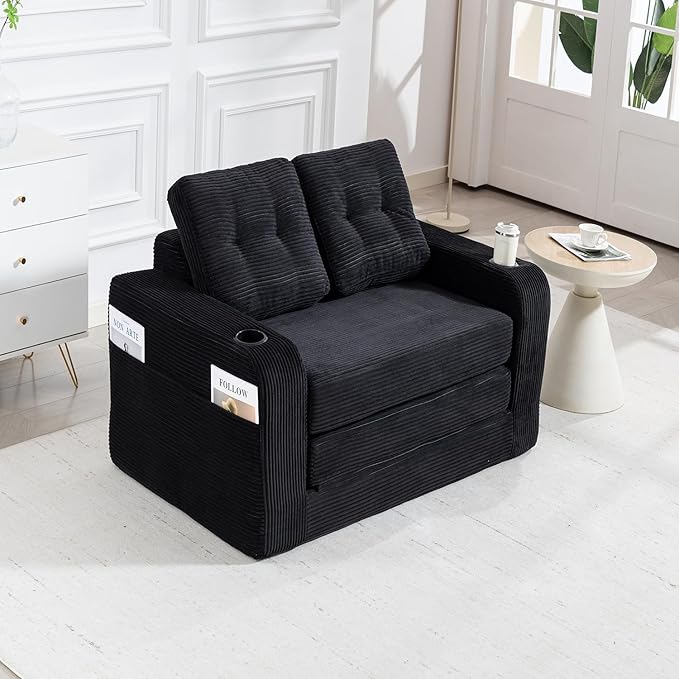53'' Folding Sofa Bed Boneless Loveseat Sleeper Sofa 2 in 1 Convertible Foldable Pull Out Sofa Bed with Pillows Comfy Cloud Floor Couch for Living Room Small Space No Assembly (Black)