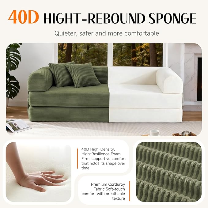79 Corduroy Sofa Bed Boneless Couch in a Box with 2 Pillows High-Density Foam 4-in-1 Foldable Sleeper Futon Loveseat for Small Spaces No Assembly Side Pockets Green