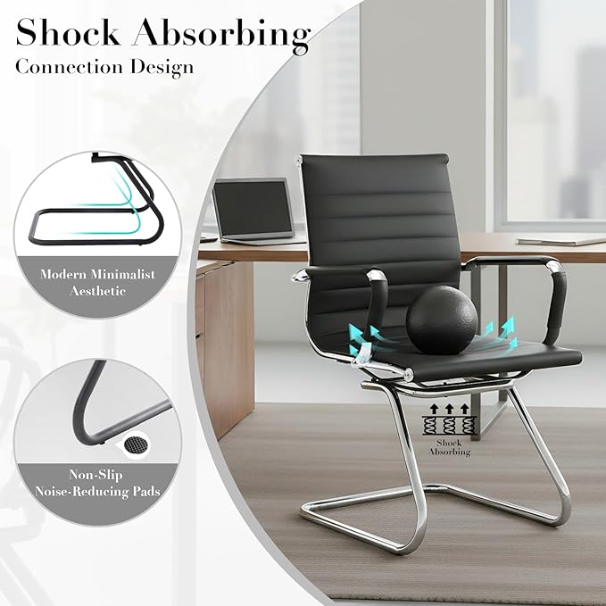 CIMOTA Waiting Room Chairs Leather Office Guest Chair Mid Back Reception Chairs with Sled Base for Meeting/Patient/Conference Room Black Set of 2