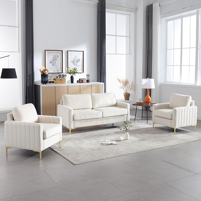 SLEERWAY Tufted Velvet Accent Chair Mid Century Modern Comfy Living Room Furniture Set Bedroom Club Lounge Reading 5.5 inch Cushioned Golden Legs (Beige Single Sofa Chair)