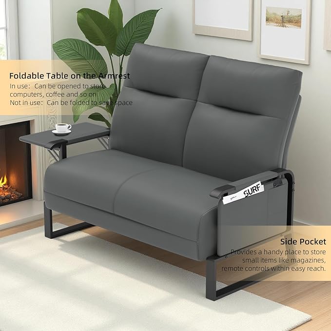 Faux Leather Loveseat Couch for Living Room Bedroom Office Small Sofa 2 Seater Couch with Flip Up Tray Table Side Pockets Leather Loveseats Gray