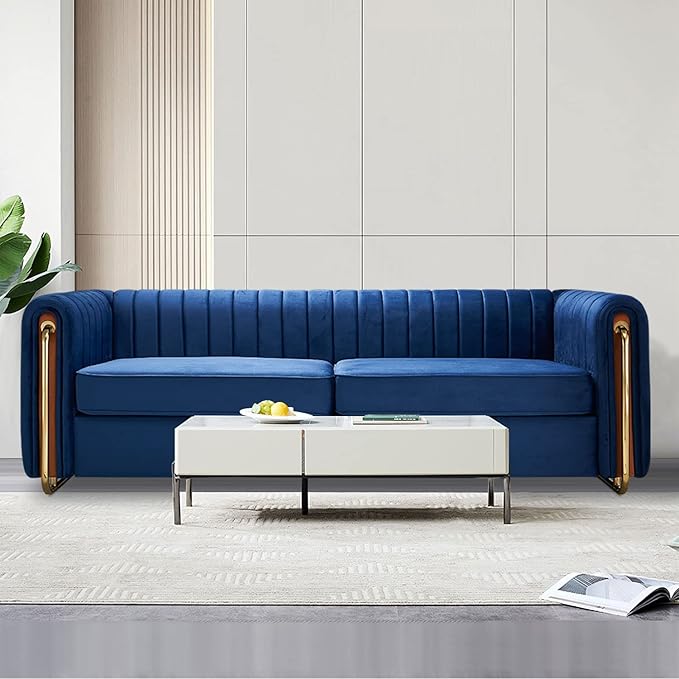 kevinplus 84.2'' Velvet Chesterfield Sofa Couch for Living Room Modern Luxury 3-Seat Upholstered Sofa Couch for Apartment Bedroom Dorm Office Strong Gold Metal Legs (Channel Backrest Blue)
