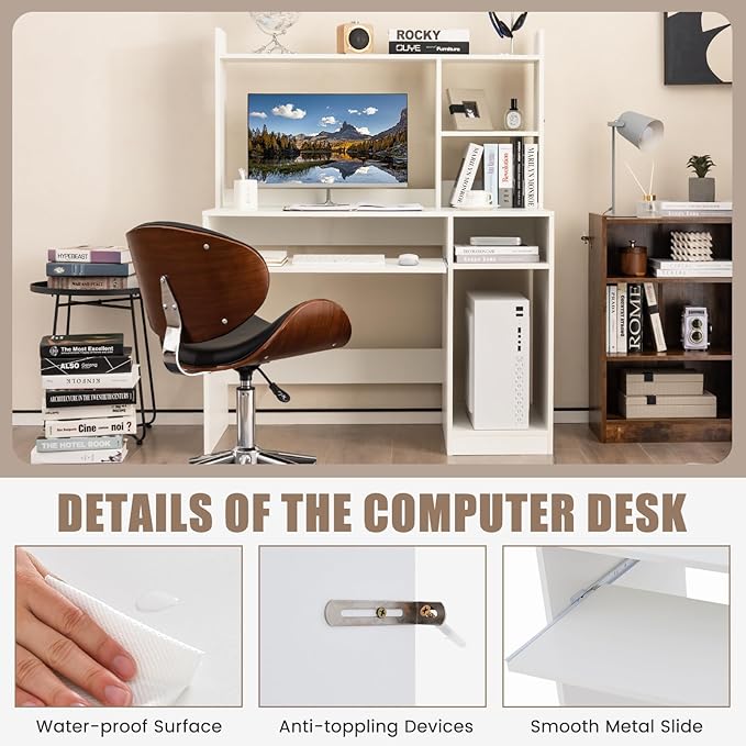 COSTWAY White Modern Large Computer Desk with Storage Shelf Office Desk with Hutch CPU Stand &amp Keyboard Tray Home PC Desk with Bookshelf for Bedroom Study Living Room