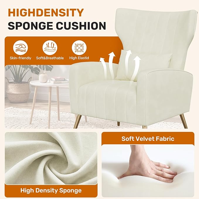 Beige Velvet Accent Chair Set of 2 Wingback Chair for Living Room High Back Arm Chair with Golden Legs Lumbar Pillow Upholstered Single Sofa Bedroom