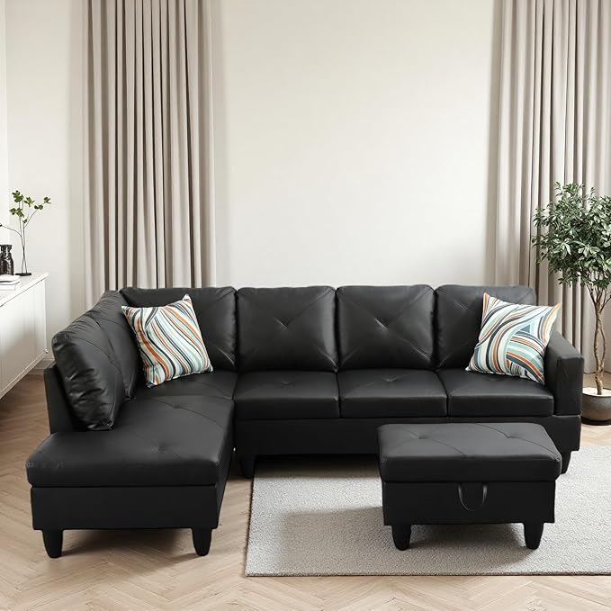L-Shaped Sectional Sofa with Movable Chaise &amp Storage Ottoman Leather 3-Piece Modular Convertible Couches for Living Room Black
