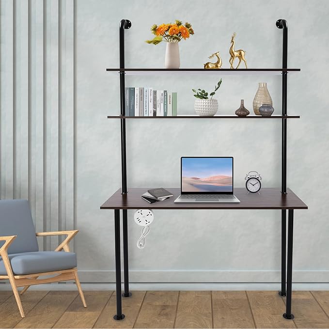 2-Shelf Industrial Wall Mount LadderWall Mount Computer Desk Writing DeskIndustrial Bookcase Desk with ShelvesFloating Desk with Storage Wall Table for Home Office Brown (47.2×20×79)