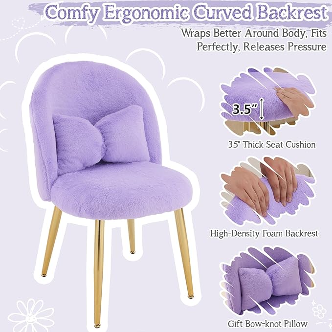 VINGLI Fluffy Girls Vanity Chair with Back &amp PillowCute Small Cozy Desk Chair No WheelsComfy Makeup Ch with Ajustable Gold Legsfor BedroomLiving RoomSmall SpacePurple