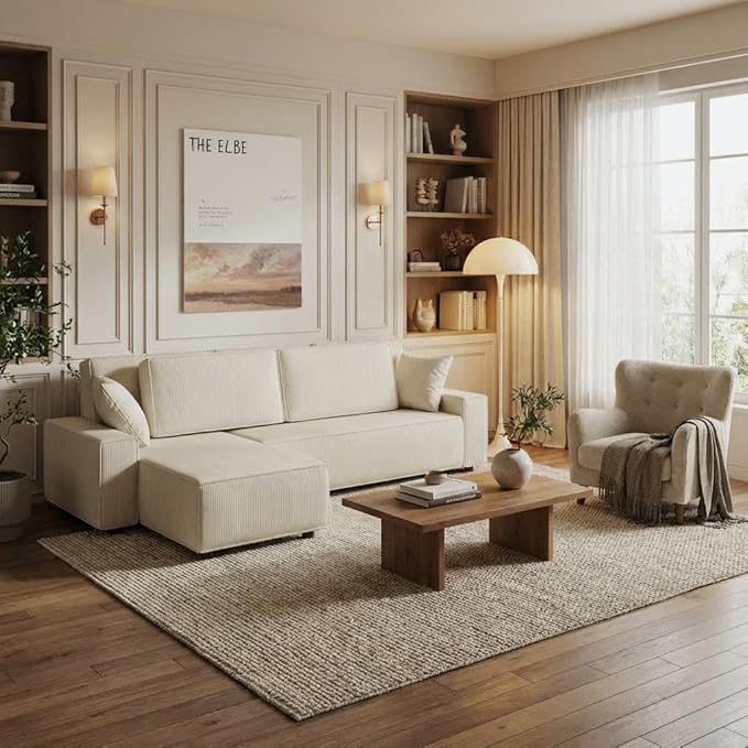 GAOMON Fine Stripe Corduroy Sectional Sofa l Shaped Modern Corduroy Couch Comfy Sofa Couch with Deep Chaise for Living Room Apartment Hotel 96 w*61 d*32 h Beige