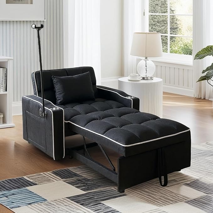 Convertible Sleeper Chair Pull Out Chair Sleeper with Bracket and Cup Holder Chairs Bed Sleepers for Adults 3 in 1 Sofa Bed Chairs for Small Spaces Living Room Black