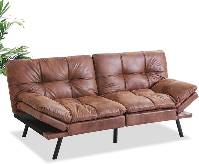 MUUEGM Futon Couch with 71 Adjustable High Density Memory Foam Futon Sofa Bed Modern Design Sofa Bed for Living Room Sleeping and Relaxing(Leather Brown)