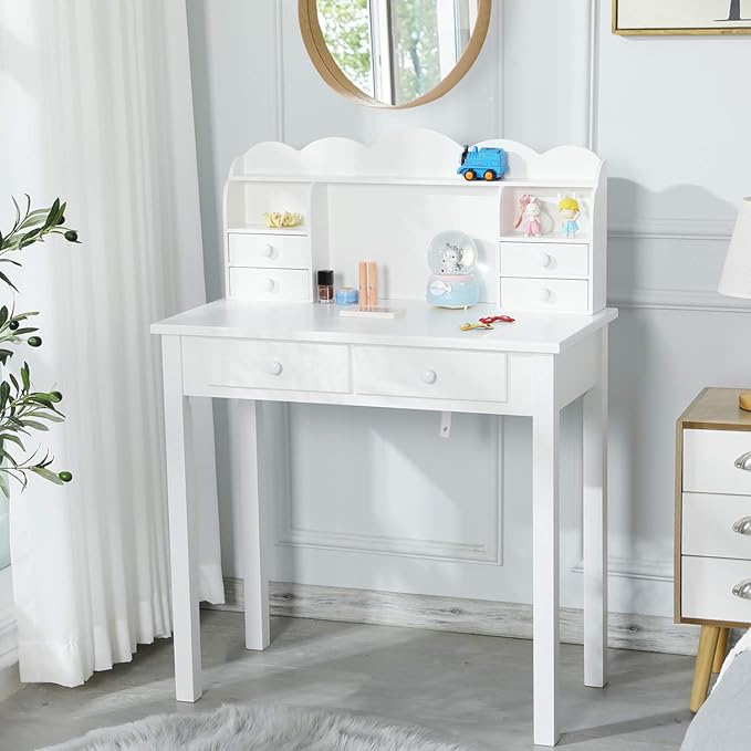 ADORNEVE Small White Writing Desk with Hutch and USB Ports 31.5 inch Home Office Desk with Drawers Study Table for Kids/Student Makeup Dressing Table Save Space Gifts