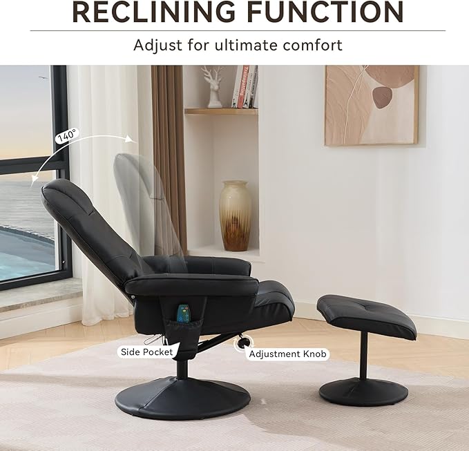Ergonomic Recliner Chair with Ottoman for Adults 360° Swivel Massage Lounge Chair with 5-Point Vibration &amp Heated Seat140° Adjustable PU Leather Recliner for Living Room Office (Black+PU Leather