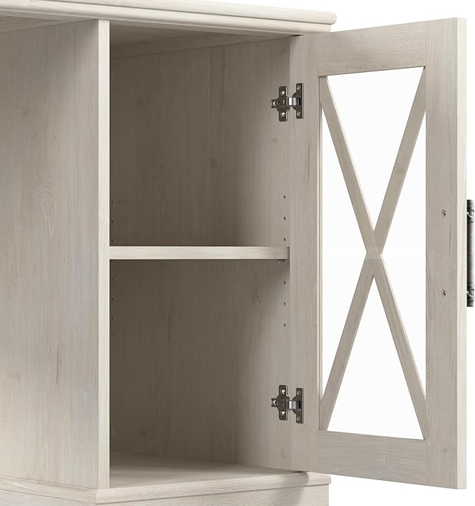 Bush Furniture Lennox 60W Farmhouse Desk with Storage Cabinet in Linen White Oak | Computer Table for Home Office Workspace