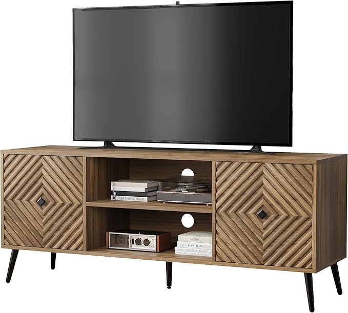 Smuxee Walnut TV Stand with Fluted Diamond Doors 55.12 Mid Century Modern TV Media Console for TVs up to 65 TV Cabinet with Adjustable Shelf &amp 2 Cabinets for Living Room