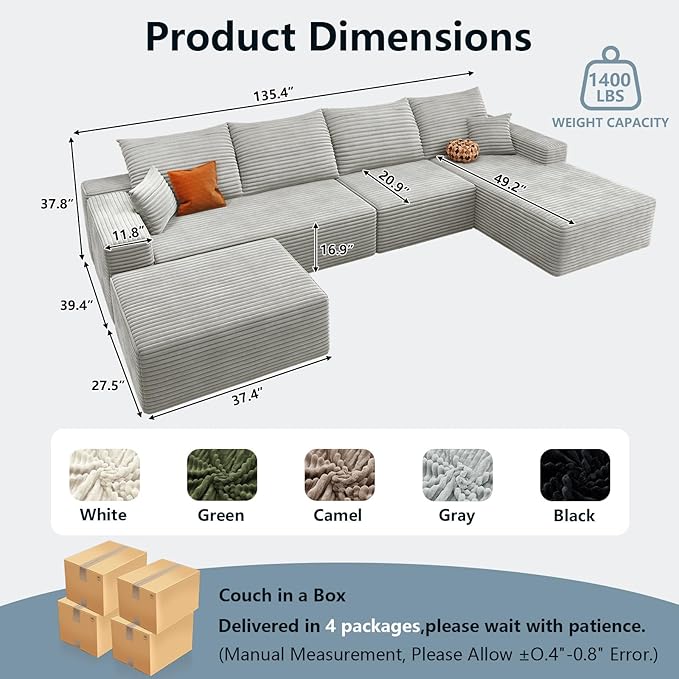 136 U Shaped Cloud Sectional Couch with Fluffy Corduroy Deep Memory Foam Seats Sofa with 1 Ottoman for Living Room No Assembly Required(GreyRight-Facing Chaise)