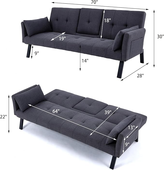 70 Futon Sofa with CupholdersAdjustable Backrest Cotton Linen with Cup Holders and 2 Throw Pillows Sleeper Sofa for Living Room Apartment Small Space (Dark Grey)