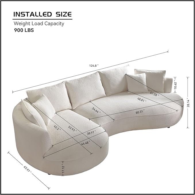 124.8 Beige Bonded Cloud Curved Sofa Living Room Modern Upholstery Boucle Comfy Cream White Modular Sectional Sofa with Pillows (Beige-Left Chaise Lounge 124.8 W x 63.9 D x 28.1 H)