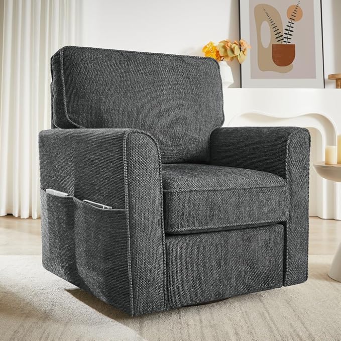 Swivel Accent Chair 360°Swivel Barrel Chair Modern Upholstered Armchair Makeup Accent Chair for Bedroom with Side Pockets for Living Room Bedroom Office and Hotel (Grey)