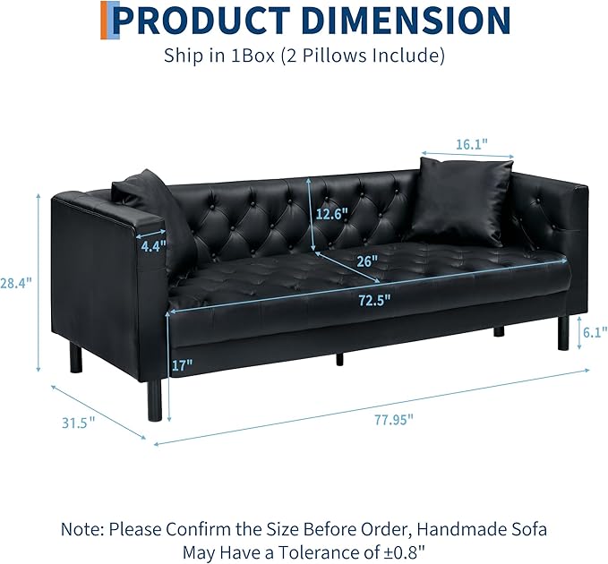 81 Button-Tufted Leather Sofa Mid-Century Modern Chesterfield 3 Seater with Deep Seat and 2 Pillows Ideal Leather Couch for Living Room Apartment and Office Use (Charcoal Black)
