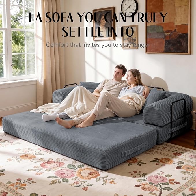 79 Corduroy Sofa Bed Boneless Couch in a Box with 2 Pillows High-Density Foam 4-in-1 Foldable Sleeper Futon Loveseat for Small Spaces No Assembly Side Pockets Dark Grey