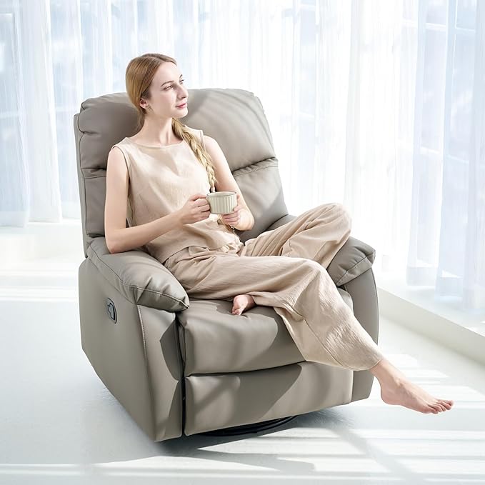 Recliner Sofa Rocking Chair Swivel Manual Adjustable 360 Degree Spinning with Ergonomics Lumbar Support Natural Leather for Home Theater Seating Living Room Bedroom Nursery Grey