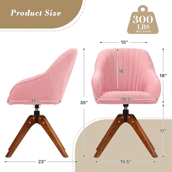 Athena Collection Swivel Modern Accent Chair Linen Upholstered Armchair Office Desk Chair No Wheels with Wooden Legs Comfy Vanity Chair Reading Chair for Bedroom Living Room Office Pink