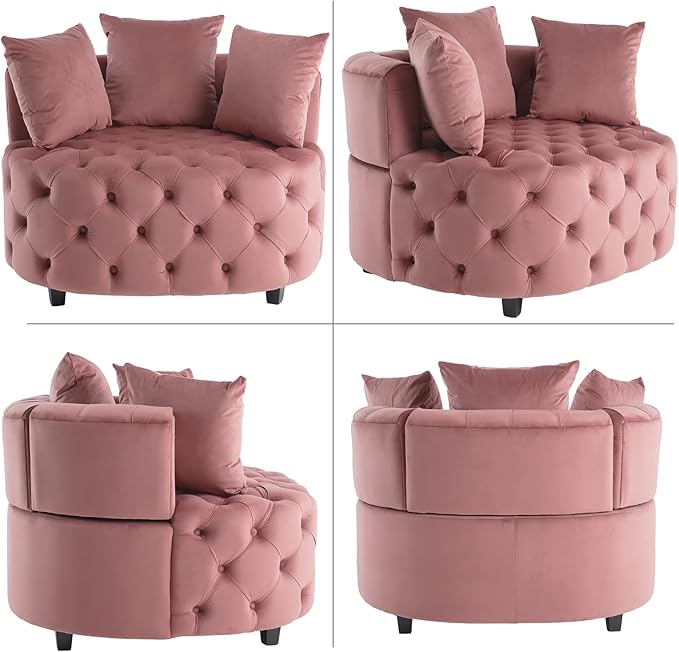 Round Accent Chair 40” Modern Velvet Sofa Chair with 3 Pillows Comfy Upholstered Tufted Club Lounge Chair for Living Room Bedroom Pink