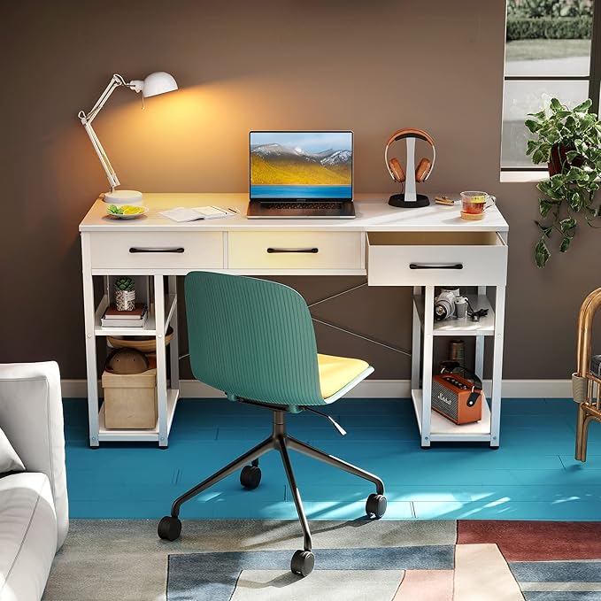 ODK 47 Small Office Computer Desk: Home Table with Drawers Wood Storage Shelves Modern Work Writing Desk White + White Leg