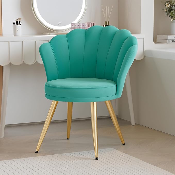 Velvet Accent Chair with Gold Metal Legs Vanity Chair for Makeup Room Upholstered Guest Chair for Living Room Side-Chair for Bedroom Cyan