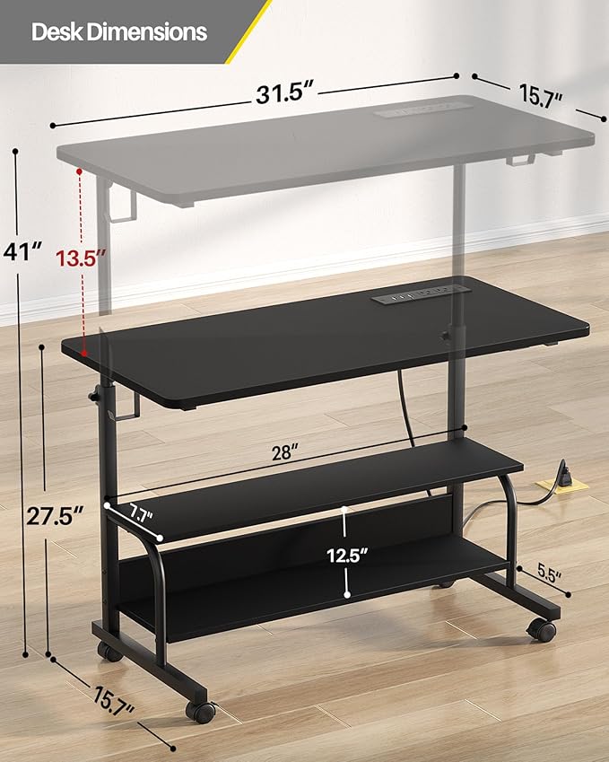 Armocity Rolling Standing Desk with Power Outlets 32 Manual Height Adjustable Mobile Computer Desk with Wheels Small Portable Sit Stand Laptop Couch Table for Bed &amp Sofa Home Office Black