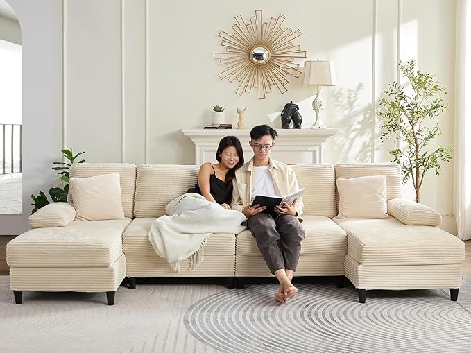 Mjkone 112 Width 4 Seater U Shaped Sofa Couch with Double Chaises Corduroy Sectional Living Room Sofa Couches with Sleepable Armrest Sleeper Sofas Couches Set for Living Room Sets Furniture Beige