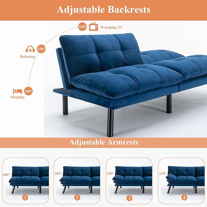 Anwick Futon Sofa Bed Velvet Convertible Futon Sleeper Couch 71 Sleeper Sofa Bed with Adjustable Backrest Modern Loveseat Couch for Compact Living Room Apartment Office (Blue)