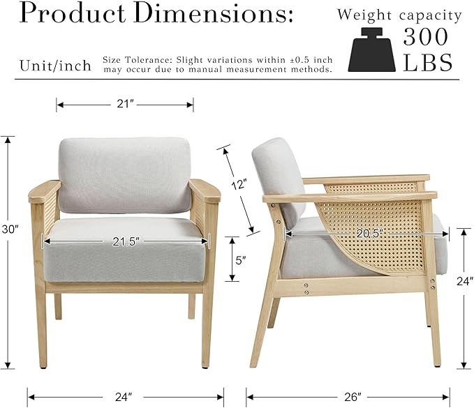 Mid-Century Accent Chair Set of 2 Modern Rattan Armchair Linen Lounge Chair with Wood Legs Upholstered Leisure Chair for Living Room Bedroom Reception Room Grey