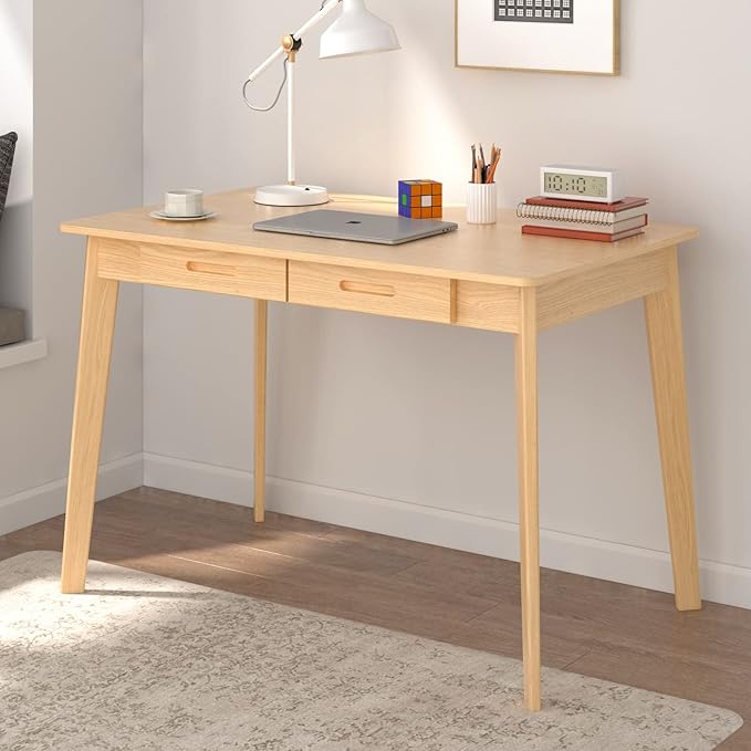 ECACAD Computer Desk with 2 Drawers 39” Home Office Desk Writing Study Working Table for Bedroom Light Brown