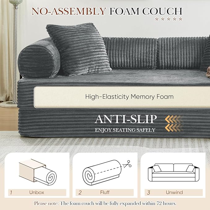 Antetek Modular Couch Bed Convertible Folding Plush Corduroy Comfy Floor Compression Loveseat Sleeper Sofa Couch King Size Bed for Guest Room Living Room Bedroom No Assembly Required Light Grey