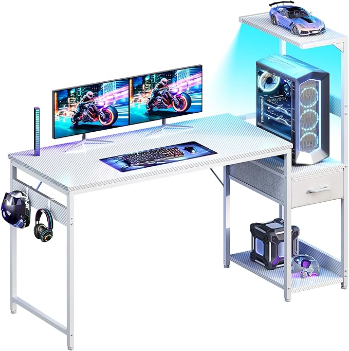 Casaottima 54 Inch Gaming Desk with Storage &amp LED Lights Reversible Computer Desk with Display Shelves &amp Fabric Drawer Modern Gamer Desk Table with Side Headphone Hook Carbon Fiber White