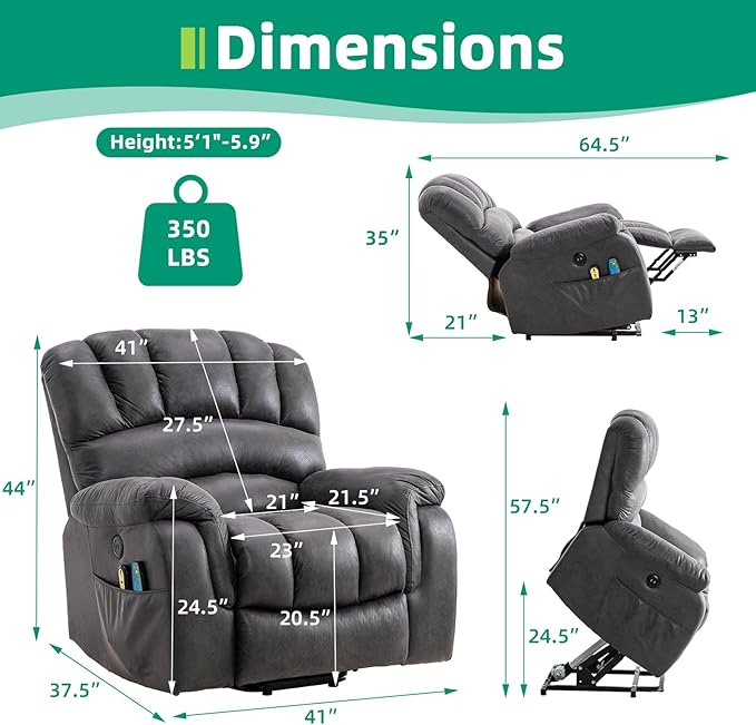 VIVIJASON Large Power Lift Chair Electric Recliner with Heat &amp Massage for Elderly Big People Heavy Duty and Safety Motion Wide Recliners with 2 Remote Controls Side Pockets &amp USB Ports Gra