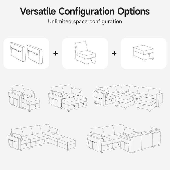 Convertible 4 Seats Sectional Sofa Couch Linen Fabric Modular Sofa with Storage Space for Small Apartments Living Room Office and Commercial Space Light Gray