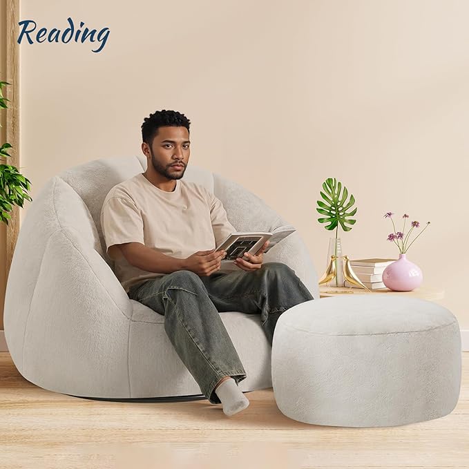 Oversized Fluffy Swivel Accent Chair with Ottoman 360 Degree Rotating Barrel Lounger Set Modern Cozy Reading Nook Chair with Footrest Plush Faux Fur Fabric &amp High-Density Memory Foam Beige