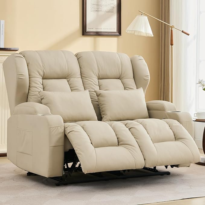 IPKIG 54 Loveseat Recliner Sofa - 2 Seater Reclining Sofa with Side Pockets Cup Holders Lumbar Pillows Manual Recliner (Beige 54 Loveseat)